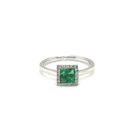 Bague carrée en or blanc, émeraudes et diamant