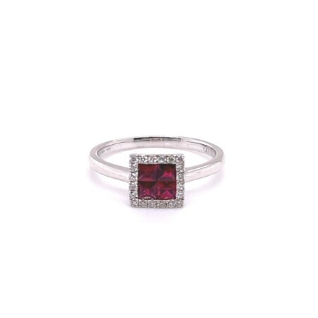 Bague carré en or blanc, rubis et diamants