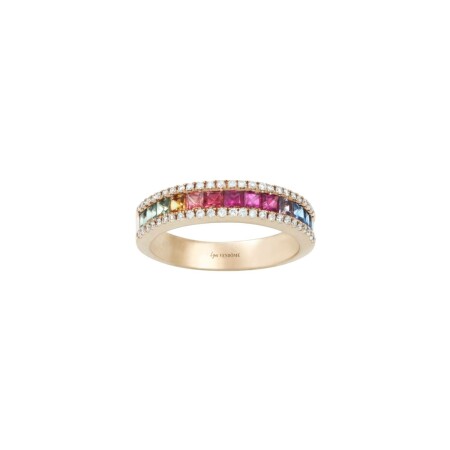 Alliance demi arc en ciel en or rose, saphirs multicolores et diamants