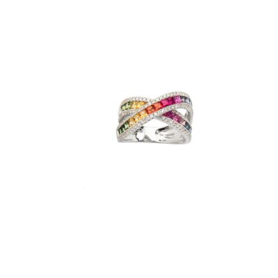 Bague Lombard Joaillier Rainbow 2 rangs en or blanc, saphirs de couleurs et diamants