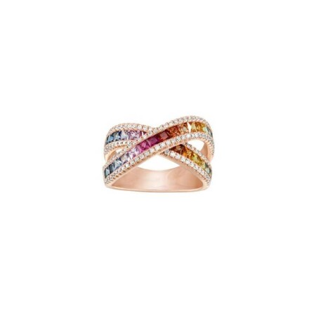 Bague croisée arc en ciel en or rose saphirs et diamants