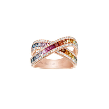 Bague en or rose, saphirs multicolores et diamants