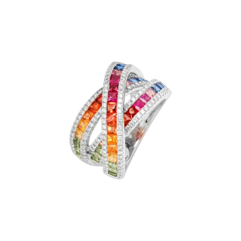 Bague Rainbow en or blanc, saphirs et diamants