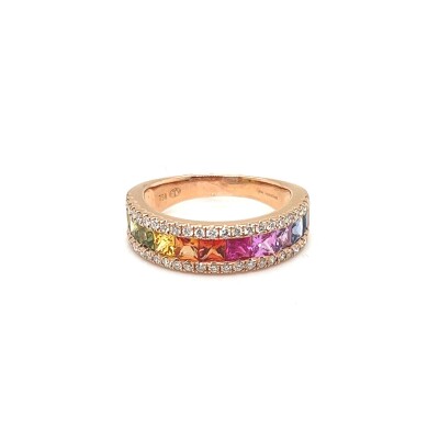 Alliance demi arc en ciel en or rose, saphirs multicolores et diamants