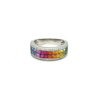 Bague Arc en Ciel 2 rangs en or blanc, saphirs multicolores et diamants