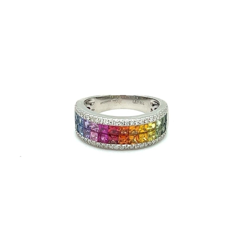 Arc en Ciel 2-row ring in white gold, multicolored sapphires and diamonds