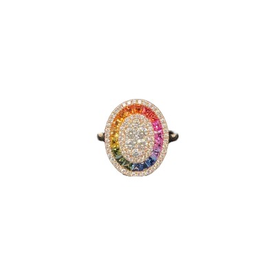 Bague ovale en or rose, diamant et saphir