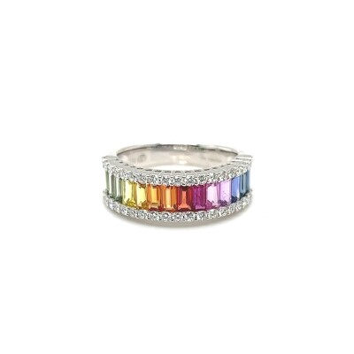 Alliance arc en ciel en or blanc, saphirs multicolores et diamants