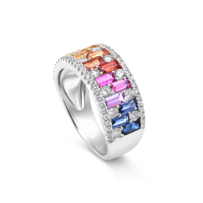 Alliance Rainbow en or blanc, saphirs multicolores et diamants