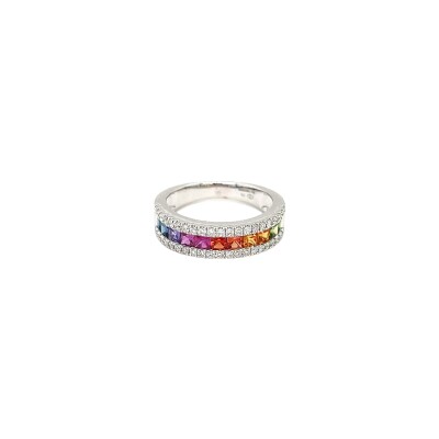 Alliance Arc en Ciel en or blanc, diamant et saphir