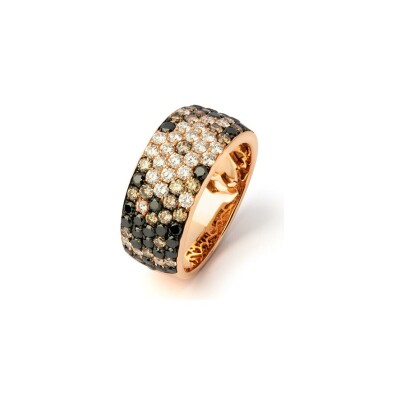 Bague jonc large en or rose, pavée de diamants blancs, bruns et noirs