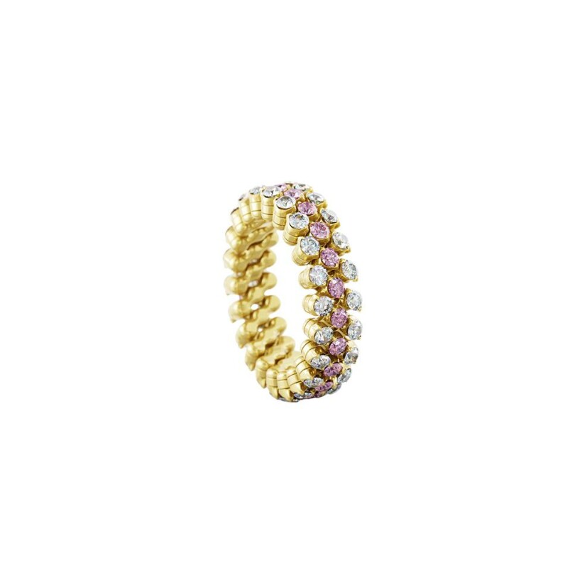 Bague 3 rangs Serafino Consoli Brevetto pavé en or jaune, diamants blanc et saphirs rose, taille ajustable