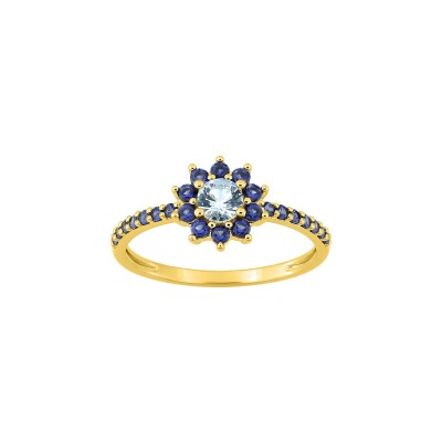 Bague en plaqué or et oxyde de zirconium bleu ciel et bleu