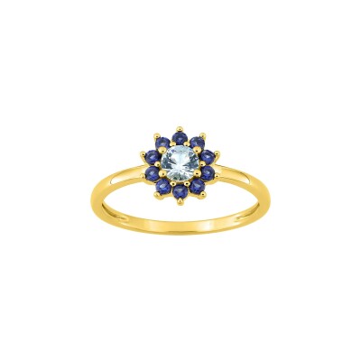 Bague en plaqué or et oxyde de zirconium bleu ciel et bleu
