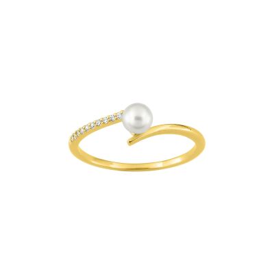 Bague en or jaune, oxyde de zirconium et perle de culture