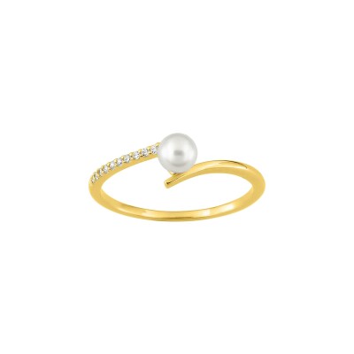 Bague en or jaune, oxyde de zirconium et perle de culture