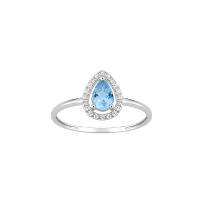 Bague en or blanc, topaze bleue et diamant 0.08ct, taille 54