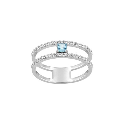 Bague en argent rhodié et oxyde de zirconium bleu ciel et blanc