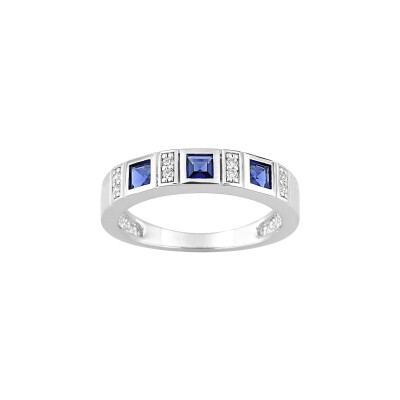 Bague en argent rhodié et oxyde de zirconium bleu et blanc