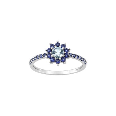 Bague en argent rhodié et oxyde de zirconium bleu ciel et bleu