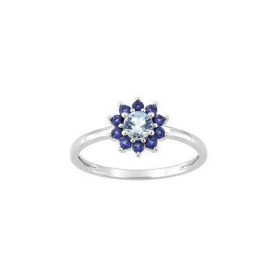 Bague en argent rhodié et oxyde de zirconium bleu ciel et bleu