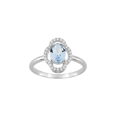 Bague en argent rhodié et oxyde de zirconium bleu ciel et blanc