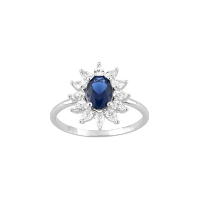 Bague en argent rhodié et oxyde de zirconium bleu et blanc