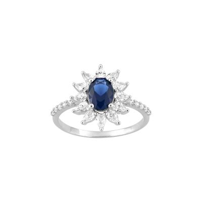 Bague en argent rhodié et oxyde de zirconium bleu et blanc