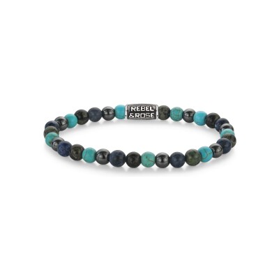 Bracelet Rebel & Rose Stones Only en acier, turquoise de synth?se, rhyolite, sodalite bleue et h?matite grise, taille L