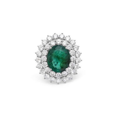 Bague cocktail Palm Spring en or blanc, émeraude et diamants