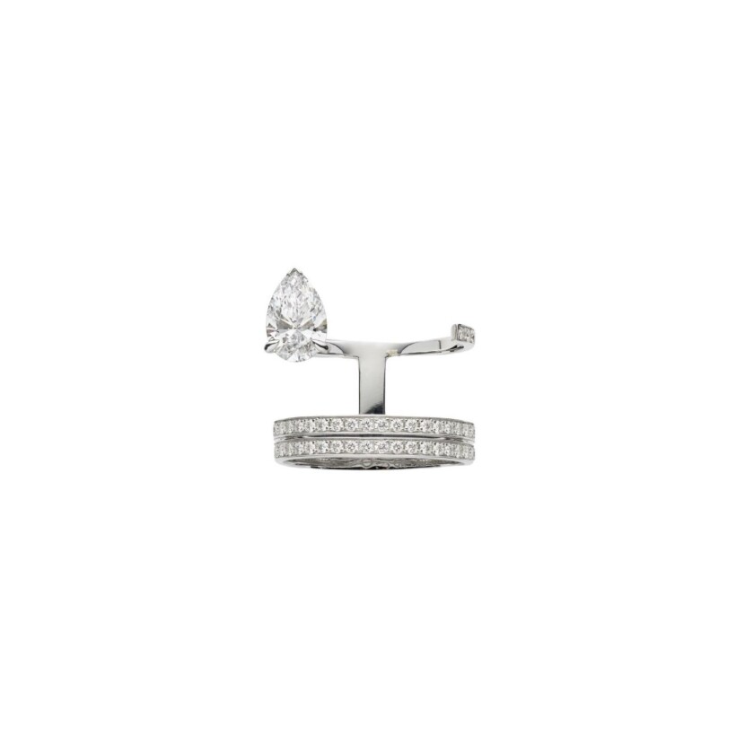 Repossi ring set in empty, 3 rows, white gold, white diamonds and 1 0.50ct pear white diamond
