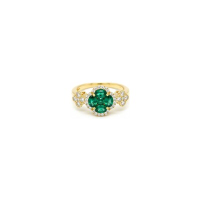 Bague 3 trèfles en or jaune, diamants et émeraudes