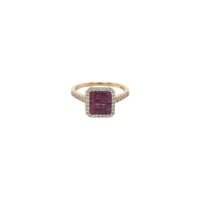 Bague Carrée Invisible en or rose, diamant et rubis