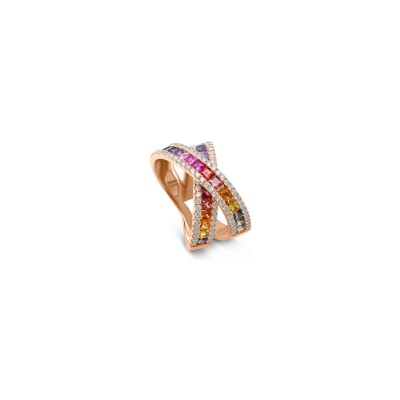 Bague Rainbow 2 anneaux croisés en or rose, saphirs multicolores et diamants