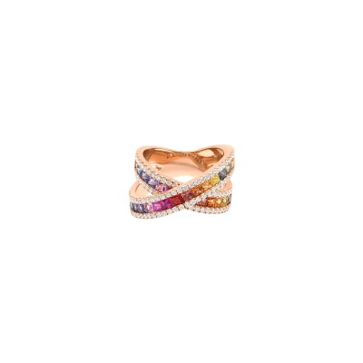 Bague Rainbow 2 anneaux croisés en or rose, saphirs multicolores et diamants