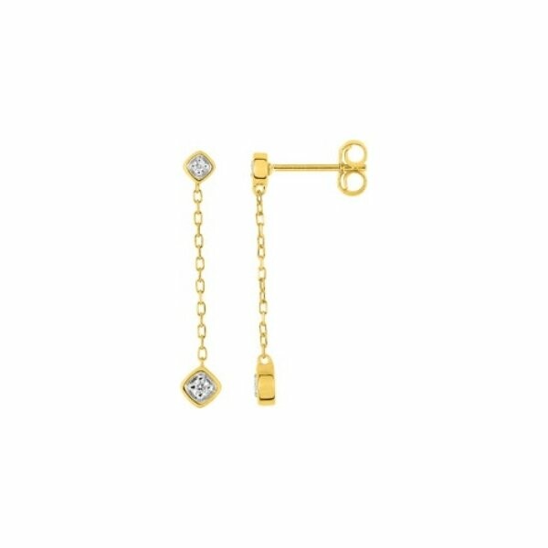 Boucles d'oreilles pendantes en or jaune, or blanc et diamants de 0.06ct