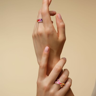 Bague Rainbow 2 anneaux croisés en or rose, saphirs multicolores et diamants