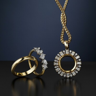 Diamond dress ring, wedding band and circle of life pendant