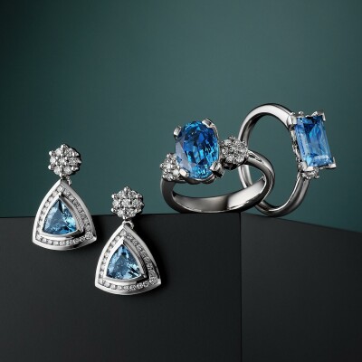 Aquamarine, Topaz and Diamond rings and earrings