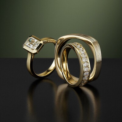 Diamond rings and grooved mens wedding band