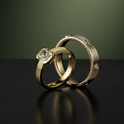 Radiant cut Diamond ring and mens wedding band