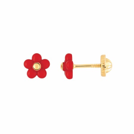 Boucles d'oreilles fleur en or jaune et laque rose