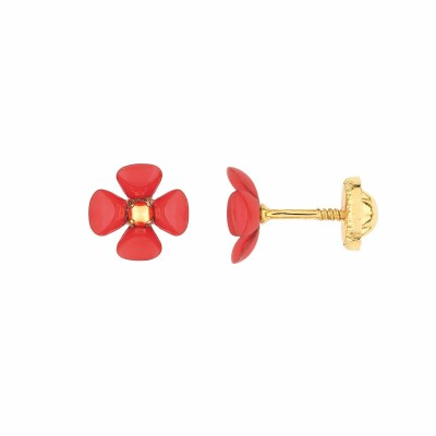 Boucles d'oreilles fleur en or jaune et laque rouge