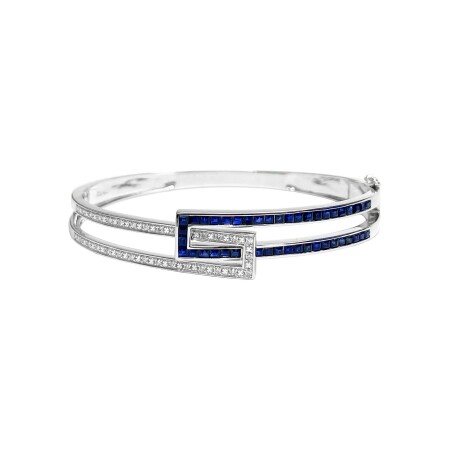 Bracelet jonc Isabelle Barrier en or blanc, diamants de 0.25ct et saphir de 2.15cts