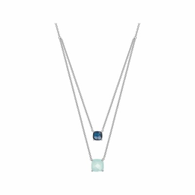 Collier en or blanc, topaze bleue et calcédoine