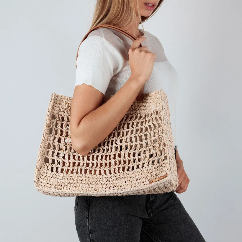 Sac cabas Mauboussin Une Femme dans la Ville, raphia beige GM