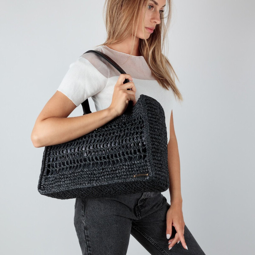 Sac cabas Mauboussin Une Femme dans la Ville, raphia noir GM