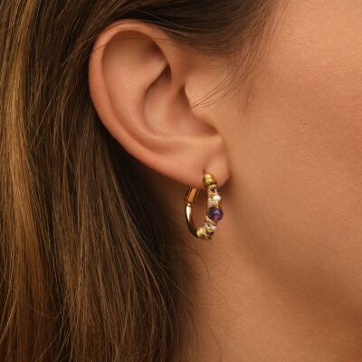 Boucles d'oreilles SATELLITE Salina en plaqué or, perles d'eau douce, améthyste et hématite