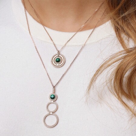 Heavenly Saturn necklace, pink gold, diamonds and malachite, small size