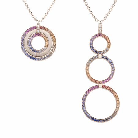 Heavenly Saturn necklace, pink gold and multicoloured sapphires, XL size